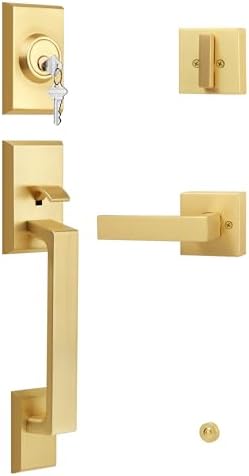 Moquin Square Front Door Handle Set with Satin Brass Finish