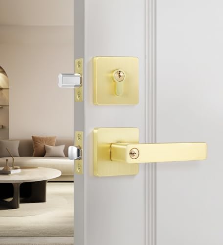 Leydebong Gold Door Handleset with Single Cylinder Deadbolt Lockset