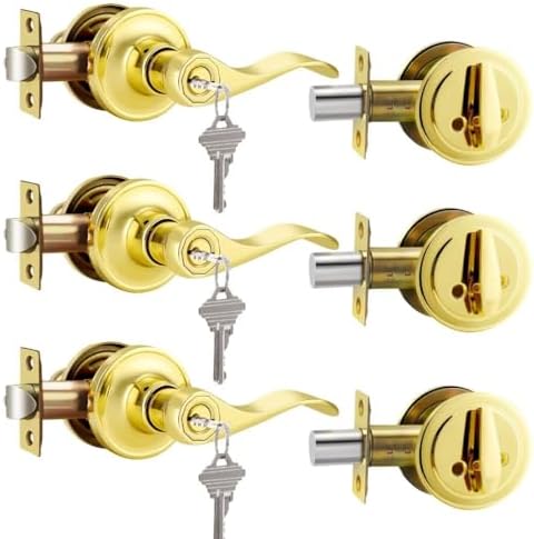 3-Piece Reversible Door Handle and Deadbolt Set Brass Keyed Alike