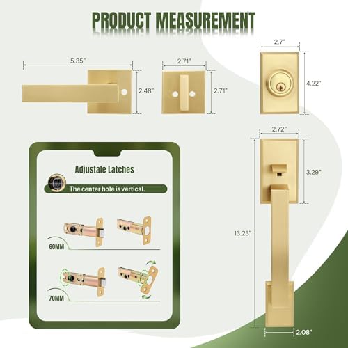 Moquin Square Front Door Handle Set with Satin Brass Finish
