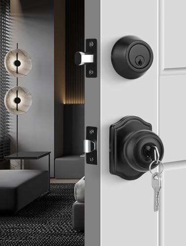 GoldenWarm 2-Pack Exterior Door Knob Set with Deadbolt Black Matte