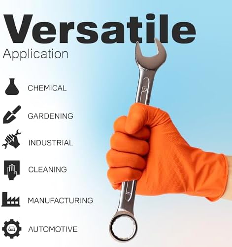Raxwell Orange Nitrile Gloves - Heavy Duty Puncture Resistance for Mechanics and Spiel