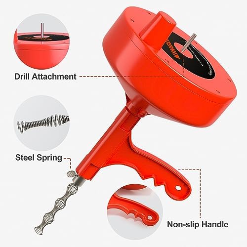 Kinglev Drain Auger 25ft Flexible Snake with Drill Adapter