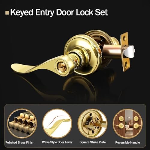 3-Piece Reversible Door Handle and Deadbolt Set Brass Keyed Alike