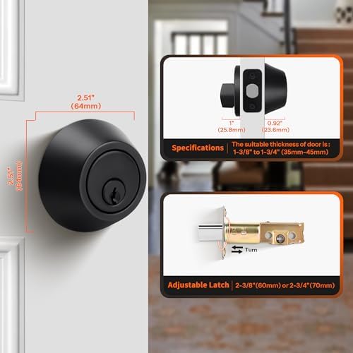 Gaurqiah Matte Black Keyed Single Cylinder Deadbolt Lock Complete Door Security Solution
