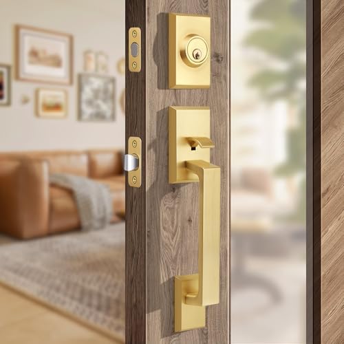 Moquin Square Front Door Handle Set with Satin Brass Finish