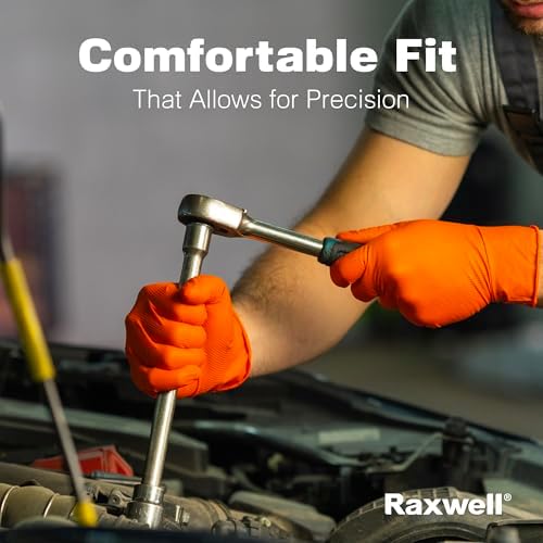 Raxwell Orange Nitrile Gloves - Heavy Duty Puncture Resistance for Mechanics and Spiel