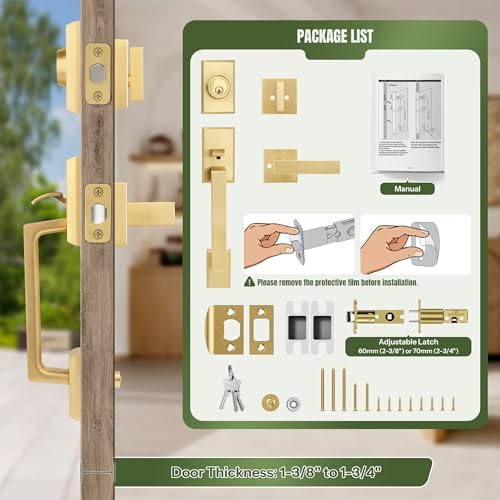 Moquin Square Front Door Handle Set with Satin Brass Finish