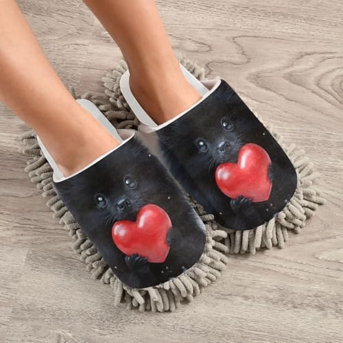 Burbuja Valentine Black Dog Hold Heart Mop Slippers
