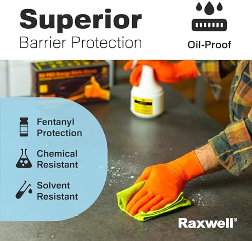 Raxwell Orange Nitrile Gloves - Heavy Duty Puncture Resistance for Mechanics and Spiel