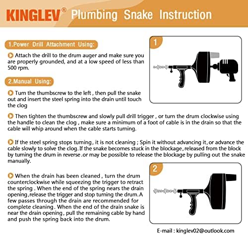 Kinglev Drain Auger 25ft Flexible Snake with Drill Adapter