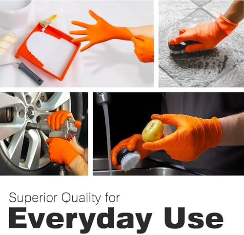 Raxwell Orange Nitrile Gloves - Heavy Duty Puncture Resistance for Mechanics and Spiel