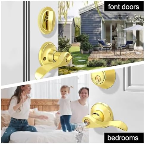 3-Piece Reversible Door Handle and Deadbolt Set Brass Keyed Alike