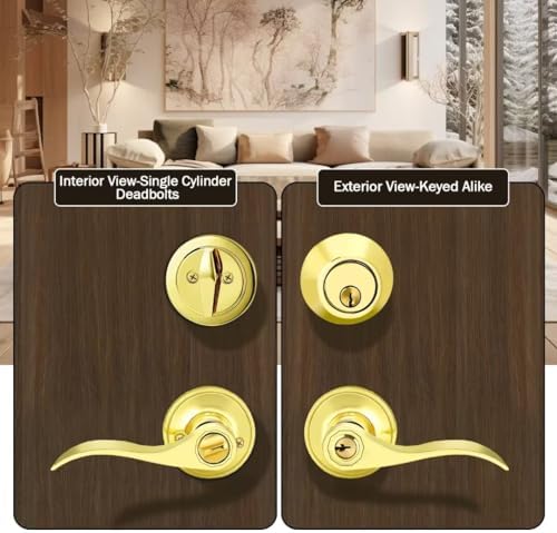 3-Piece Reversible Door Handle and Deadbolt Set Brass Keyed Alike