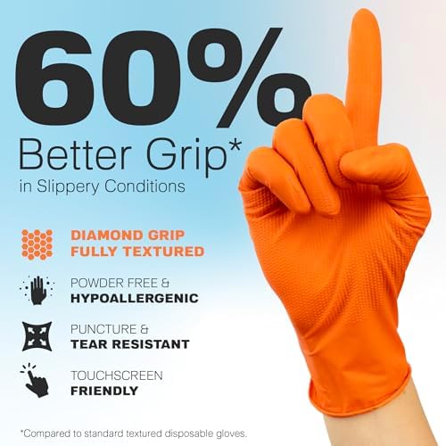 Raxwell Orange Nitrile Gloves - Heavy Duty Puncture Resistance for Mechanics and Spiel