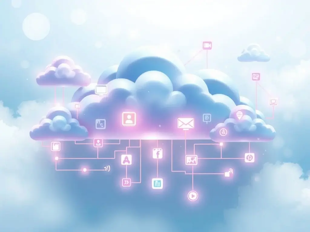 An image illustrating cloud computing concepts with data storage and access, showing interconnected servers and data streams in a visually appealing manner.
