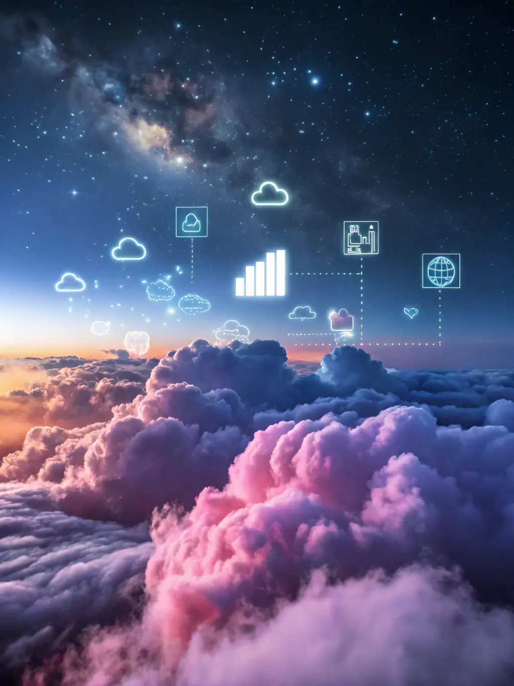 A dynamic visual representation of cloud computing, showcasing data storage, access, and seamless connectivity across devices.
