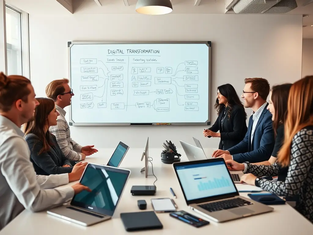 An image showcasing a team collaborating on digital transformation strategies with technology tools, brainstorming ideas on a whiteboard in a modern office setting.