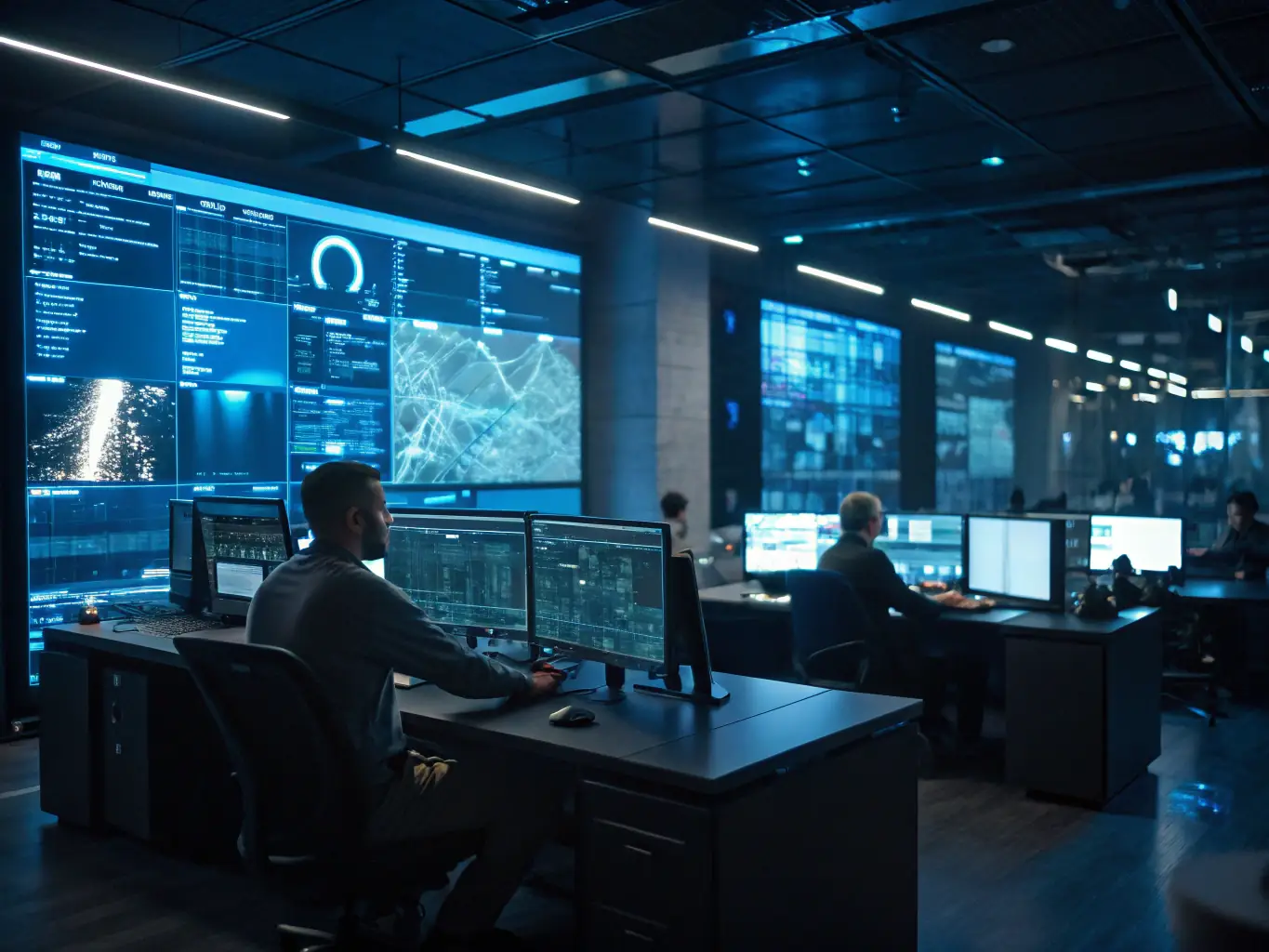 An image depicting cybersecurity professionals monitoring systems and analyzing threats on multiple screens in a security operations center.