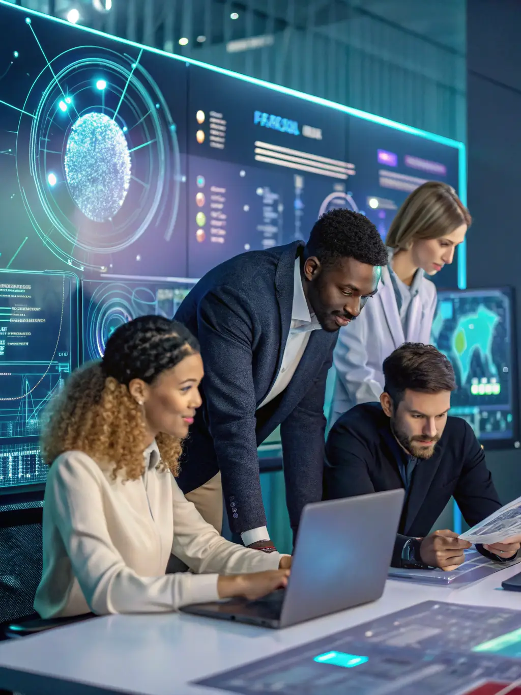 A diverse team of futureyouth consultants brainstorming digital transformation strategies in a modern office setting, surrounded by interactive displays and data visualizations.